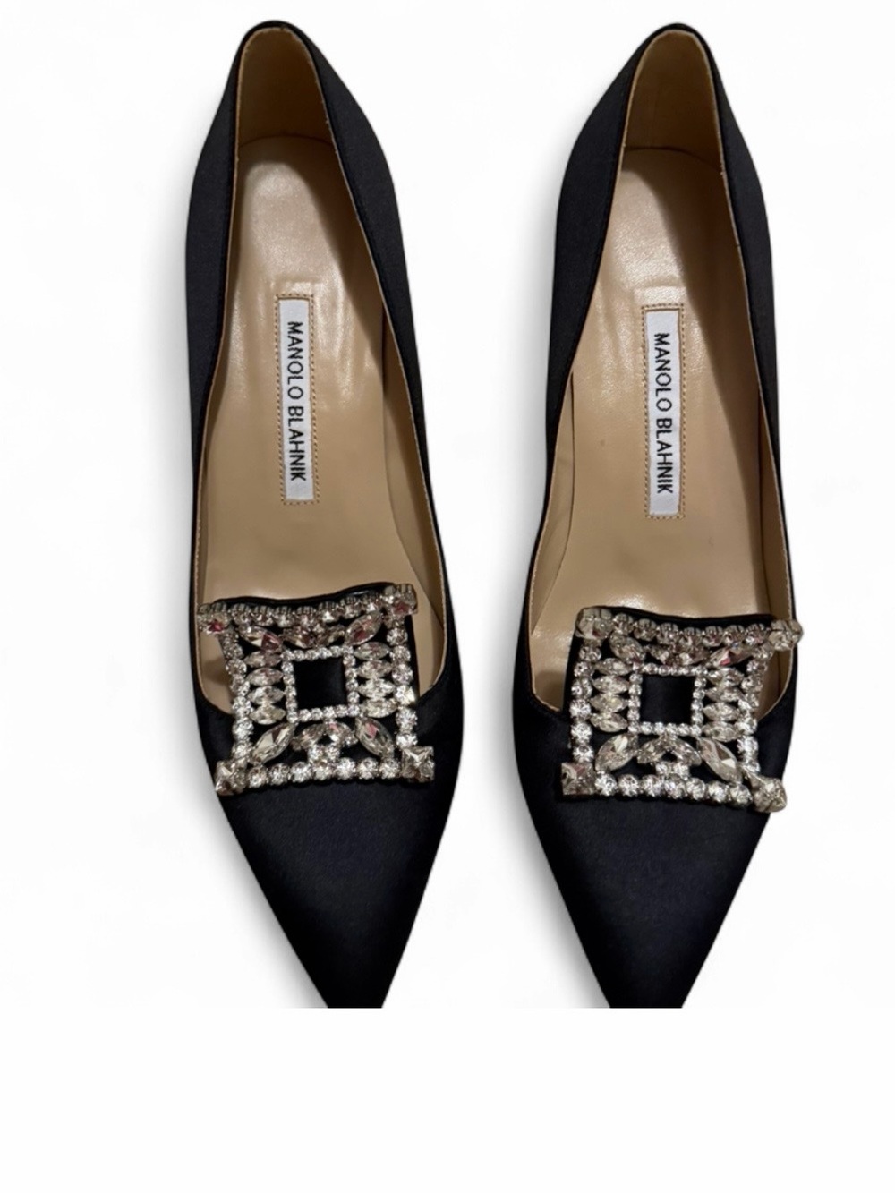 Manolo Blahnik Black Satin Pointed Flats with Crystal Square Buckle